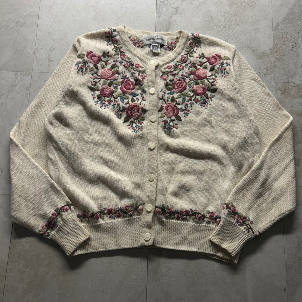 Casual Corner Floral Embroidered Cardigan Cream Women Size M Vintage Cottagecore